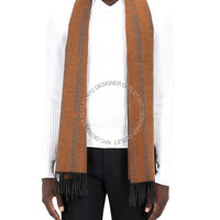Person wearing a brown and grey scarf with a brand logo on a white background