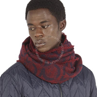 Person wearing a red patterned scarf and dark jacket on a white background