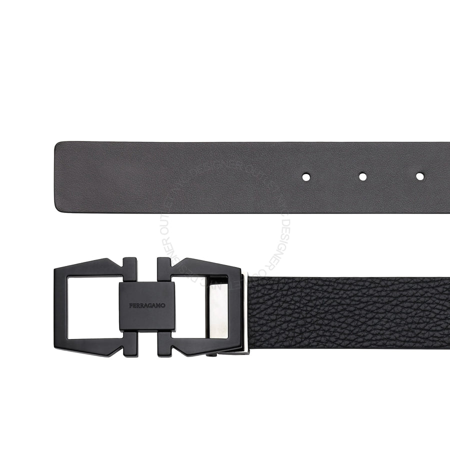 Ferragamo Black/Grey Leather Adjustable Belt