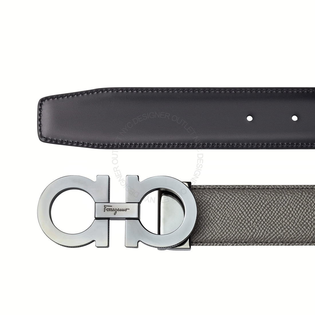 Ferragamo Black/Grey Leather Adjustable Belt