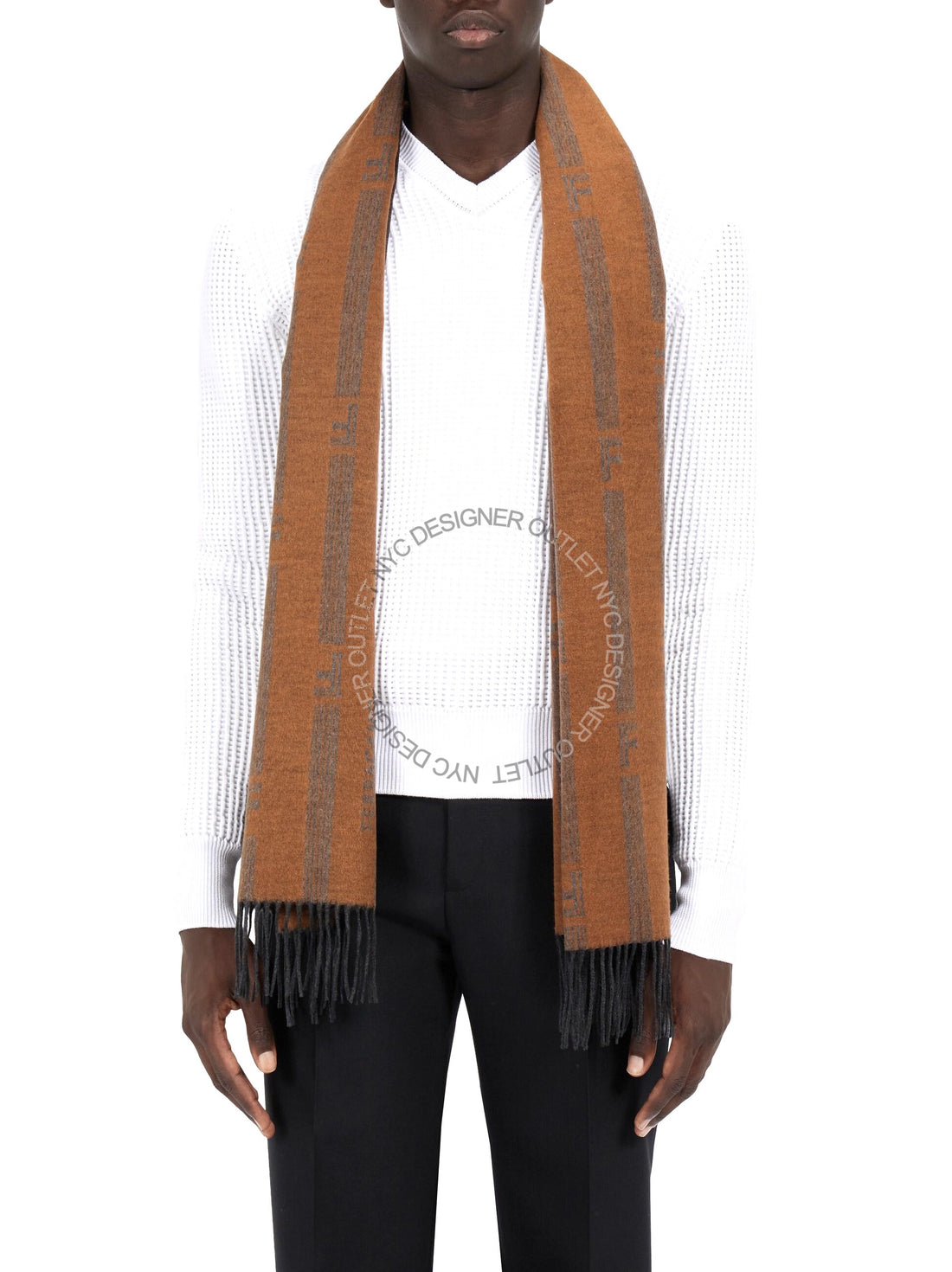 Person wearing a brown and grey scarf with a brand logo on a white background