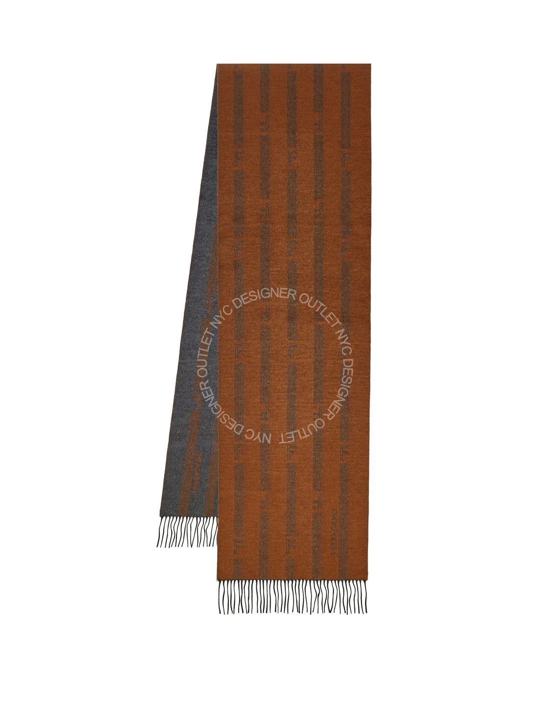 Striped scarf with brown and grey pattern on a white background