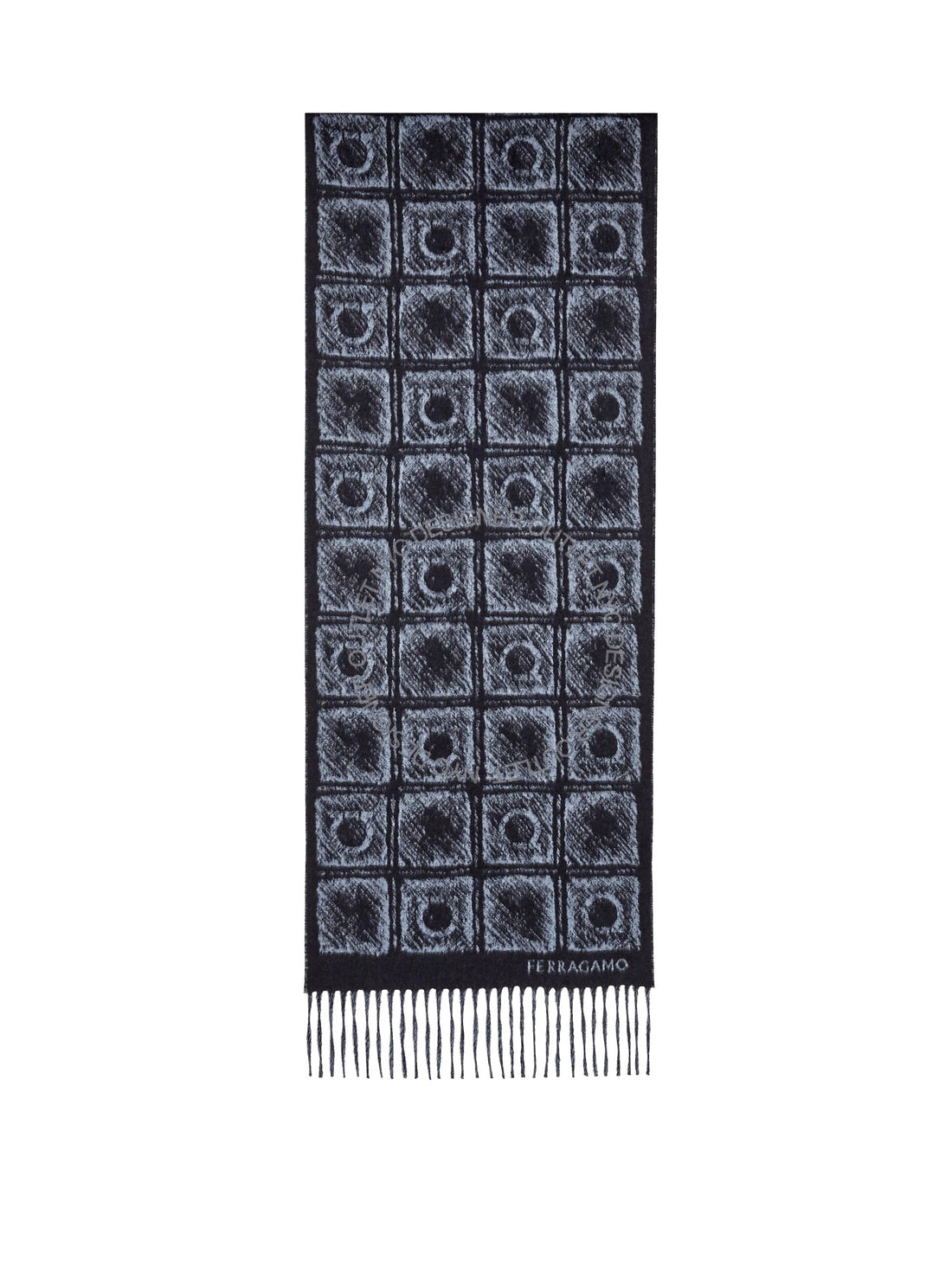 Black and gray patterned scarf with brand name on a white background