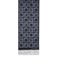 Black and gray patterned scarf with brand name on a white background
