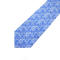 Blue patterned tie on a white background
