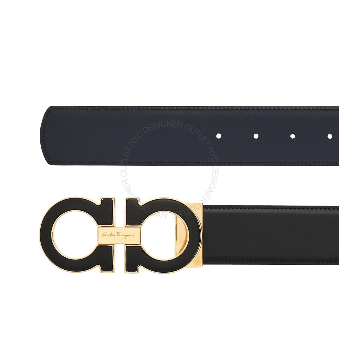 Ferragamo Black/Blue Leather Adjustable belt