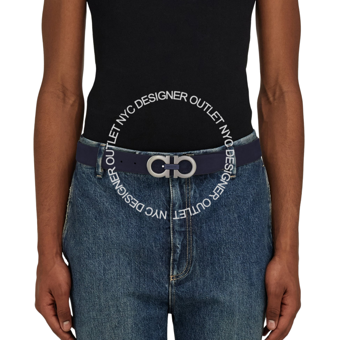 Ferragamo Black/Blue Leather Adjustable Belt
